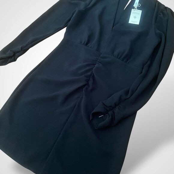 MNG by Mango Black Dress Women's Size M Short Ruched Long Sleeve Deep V Neck - Picture 8 of 12